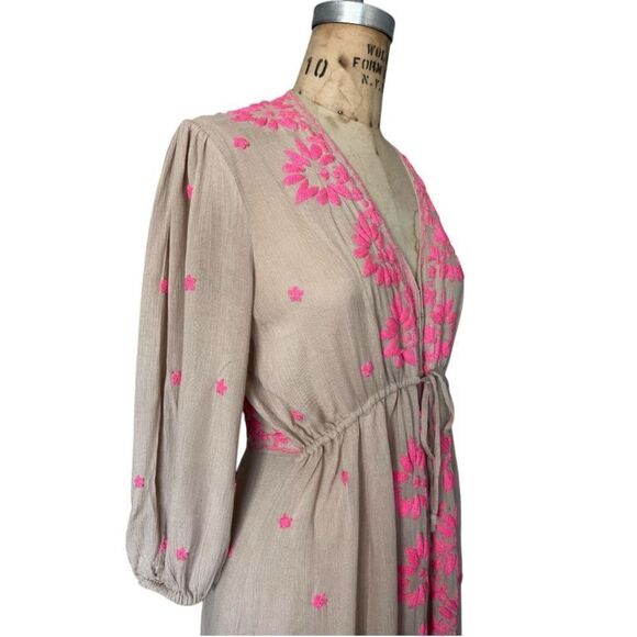 FREE PEOPLE Taupe Maxi Dress with Pink Floral Embroidery Size S - Picture 4 of 12